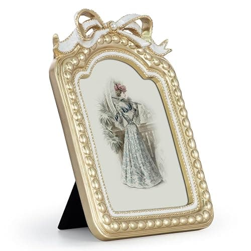 GUOER Vintage 5x7 Picture Frame with Bow Antique Ornate Table Top and Wall Mounting Photo Frame with High Definition Glass Front for Home Decor, Photo Gallery, Art(5x7, Gold) - Image 1