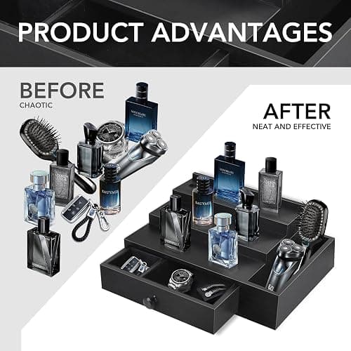 Cologne Stand Organizer for Men, 3 Tier Cologne Display Shelf with Velvet Lining Drawer and Compartments for Watch, Jewelry, Perfume Display Risers for Cologne, Great Gift for Father thumbnail 7