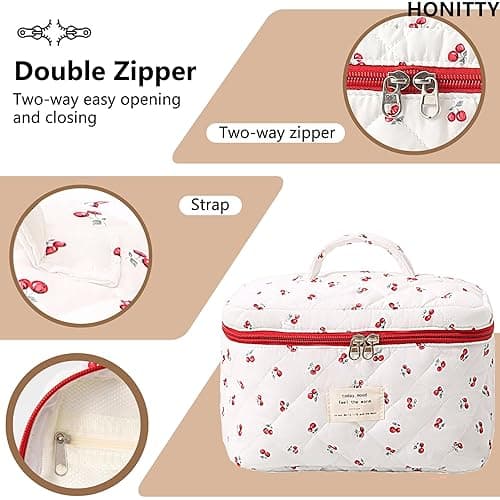 Makeup Bag,Quilted Cosmetic Bags,Large Floral Make Up Organize bag,Makeup Bag Set for Women,Flower Travel Toiletry Bag - Cherry-2 thumbnail 4
