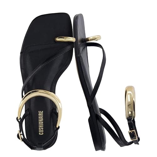 CUSHIONAIRE Secret Flat Sandals for Women with Gold Ankle Cuff and Toe Ring Strap, Vegan Leather Dress Sandals - Image 1