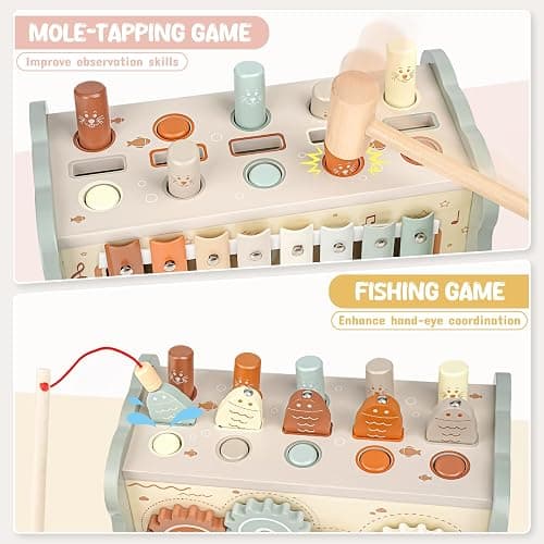 Joyreal Wooden Montessori Toys for 1 Year Old Hammering Pounding Toys | Xylophone, Fishing Game, Gears, Educational Toddler Activities, Christmas Birthday Gifts for 1 2 3 Year Old, Neutral Color thumbnail 3