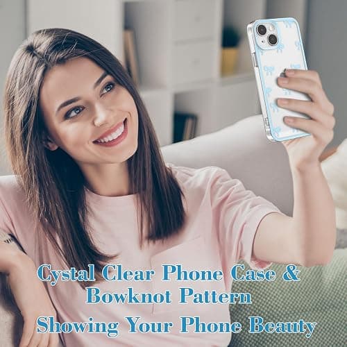 EYZUTAK Case for iPhone 15, Clear Cute Ribbon Bowknot Pattern Aesthetic Transparent Phone Case Raised Camera Protection Stylish Slim Soft Durable TPU Protective Cover for Women Girls - Blue - iPhone 15 - Blue thumbnail 7
