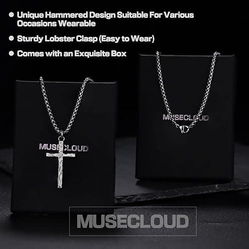 MUSECLOUD 925 Sterling Silver Cross Necklace Men - Oxidized Hammered Cross Pendant with Stainless Steel Box Chain Vintage Unique Crucifix Necklaces Silver Jewelry for Mens Women 18-26 Inches thumbnail 5