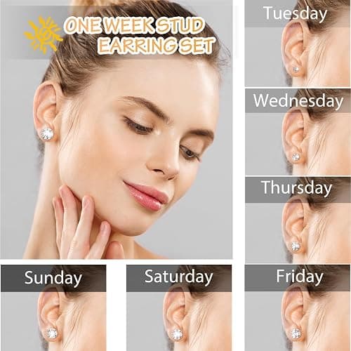 Silver Gold Black Stud Earrings Set 7Pairs Hypoallergenic Cubic Zirconia Titanium Stainless Steel Silver Rose Gold Black CZ Cartilage Stud Earrings Jewelry Sets for Women Men, 2-8mm CZ Stud Earrings thumbnail 4