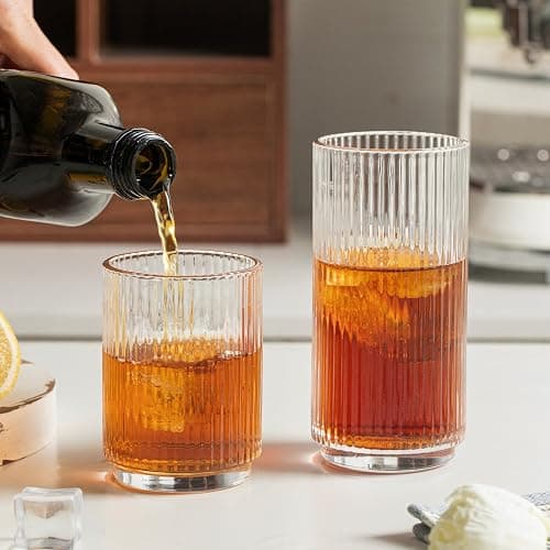 INSETLAN Ribbed Drinking Glasses Set of 12 – 6 Highball Glasses 12oz, 6 Rocks Cocktail Glasses 8oz – Everyday Glassware, Glass Cups for Iced Coffee, Cocktails, Whiskey, Water & Beer, Stackable thumbnail 2