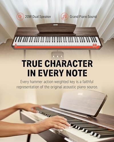 Donner DDP-80 Electric Piano 88 Keys Weighted Piano, Hammer Mechanism II, Home Digital Pianos Full Size Keyboard with Stand, Triple Pedal, USB MIDI and Headphone Jack, Walnut Wood Colour thumbnail 2