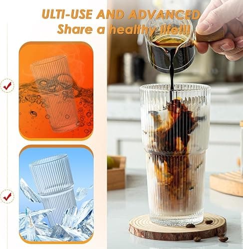 MINGHYZYA 20 oz Glass Tumblers, Iced Coffee Cups with Lids and Glass Straws, Thickened Wall Ribbed Glass Cups, Ideal for Smoothies, Cocktails, and Juices – Vintage and Durable Drinkware – 1 Pack thumbnail 4