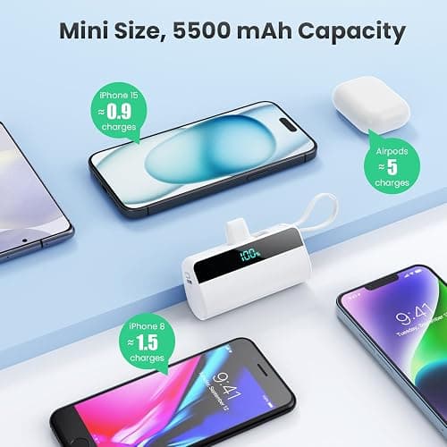Mini Portable Charger for iPhone with Built in USB C Cable, 5500mAh Small Power Bank 20W PD Fast Charging, LCD Display Battery Pack for iPhone 17/16/15/14/13/12/11/X/8/6 Series Android Galaxy (White) thumbnail 5