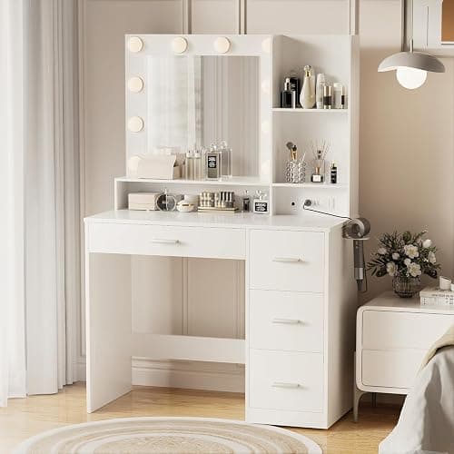 YESHOMY Vanity Desk with Mirror, Power Outlet and 10 Lights, Makeup Table with 4 Drawers, 3 Color Modes Available for Bedroom, White, 39.3x17.7x58.8 inch - Image 1