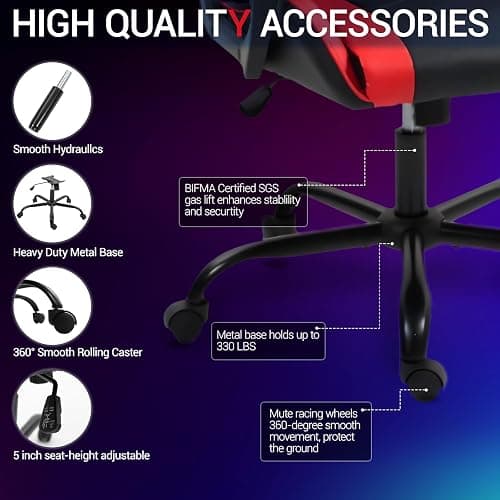 WENTUM Ergonomic Massage Gaming Chair for Kids Adults, Comfy PU Leather Office Desk Chair with Adjustable Headrest Lumbar Support 360° Swivel, Red thumbnail 8