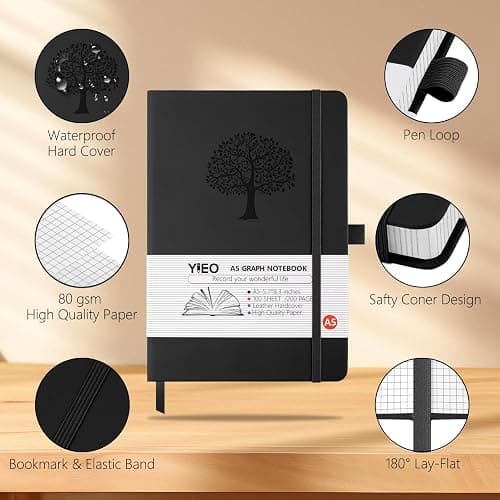 A5 Journal Notebook Graph Paper, 200 Pages Leather Squared Journal Notebook for Women Men, Hardback Note Book with 80GSM Grid Paper, No Bleed for Writing, Notepad for Office School Supplies, Black thumbnail 4