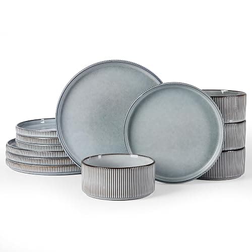 Famiware Star 12-Piece Stoneware Dinnerware Sets for 4, Reactive Glaze Plates and Bowls, Modern Rustic Dishes for Everyday & Formal Use, Chip/Scratch Resistant, Microwave/Dishwasher Safe, Smoky Blue - Image 1