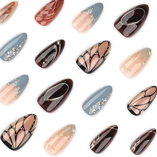 Mivota Luxury Smoky Blue Amber Press On Nails Medium Almond Gold Metal Butterfly Brown Marble Fake Nails Set Vintage Elegant 3D Gold Bead Reusable Nails for Women Korean Chic Daily Wear Nail Tips thumbnail 3