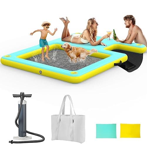 Inflatable Dock Floating Platform, 8FT x 6FT Inflatable Water Hammock w/Ladder, Thickened Dog Pool Ramp, Non-Slip Water Ramp Mat Floating Pool Float Island Raft Lounger for Lakes, Beach, Pools