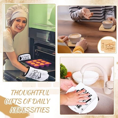 Patelai 17 Pcs House Warming Gifts New Home, Housewarming Gift Basket for New Homeowner Sweet Couples Home Supplies Include Apron Bamboo Spoons Cutting Board Gloves Cards with Black Present Box thumbnail 6