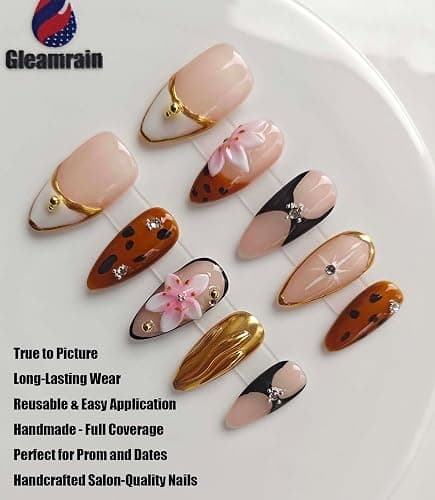Gleamrain Handmade Press on Nails Almond Shape M Size/Gleamrain Luxury Medium Hand Made Nails with Design for Women 10Pcs by P06 thumbnail 3