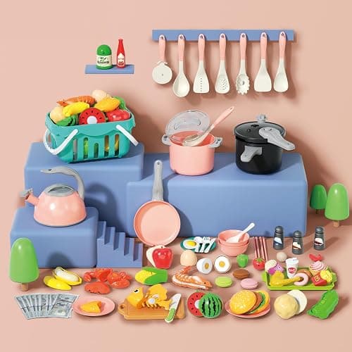 130Pcs Kitchen Playset, Toddler Pretend Cooking Play Pots, Pans, Utensils Cookware, Daily Food Fruit Veges, Shopping Storage Basket, Dessert, Prop Money, Learning Gift for Child (Pink) thumbnail 2