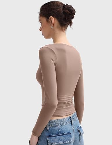 PUMIEY Women's Long Sleeve T Shirts Scoop Neck Slim Fit Going Out Tops Double Lined Basic Tee Smoke Cloud Collection thumbnail 5