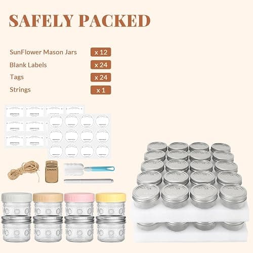 CycleMore 4oz Sunflower Glass Jars 12-Pack with 2 Types of Airtight Lids | Canning Jars With 12 Metal Split + 12 Colorful Plastic Lids. For Jams, Wedding Favors, DIY gifts. Dishwasher Safe BPA-Free thumbnail 7