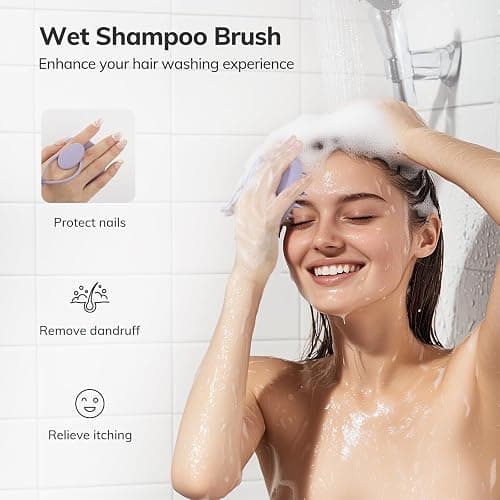 Sndyi Silicone Scalp Massager Shampoo Brush, Hair Scrubber with Soft Silicone Bristles, Scalp Scrubber/Exfoliator for Dandruff Removal, Wet Dry Scalp Brush for Hair Growth & Scalp Care, Gray Purple thumbnail 5