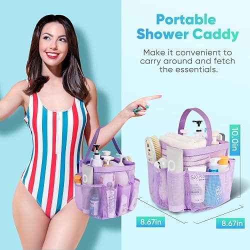 EUDELE Mesh Shower Caddy Portable for College Dorm Room Essentials,Portable Shower Caddy Dorm with 8-Pocket Large Capacity, Shower Bag for Beach, Swimming, Gym-Purple thumbnail 2
