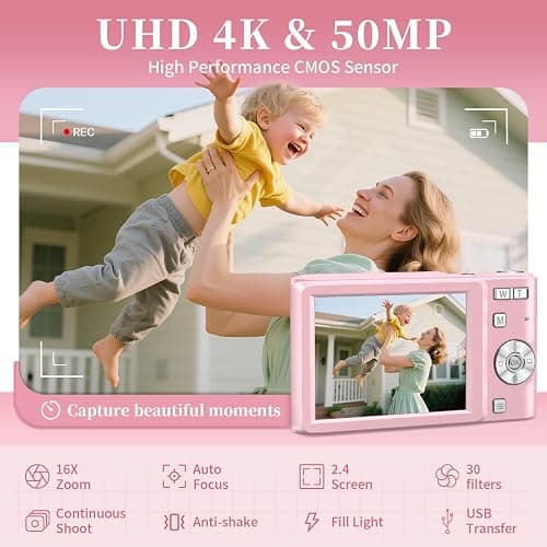 Digital Camera 4K for Kids: 50MP Pink Camera for Photography -16X Zoom Anti-Shake, Date Stamp- Christmas Birthday Gifts for Girls- Compact Camera for 6 7 8 9 10 Year & Up Old Boy Girls thumbnail 2