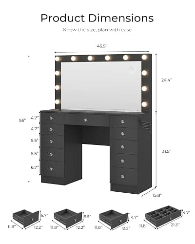 Otterease Black Makeup Vanity, 11 Drawers Vanity with Mirror and 12 LED Lights, Makeup Vanity Desk with 3 Lighting Modes Adjustable Brightness, Vanity with Glass Top for Bedroom thumbnail 2