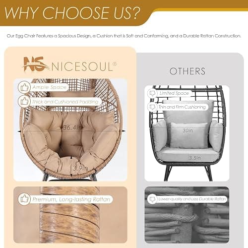 NICESOUL Egg Chair Indoor Outdoor, Large Egg Lounge Chair w/Ottoman, Oversized Comfy Cushioned Brid Cage Seat 440lbs, Boho Nest Seat with Footstool for Patio, Bedroom, Lawn, Backyard, Brown thumbnail 9