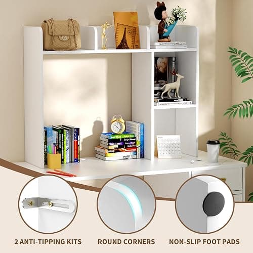 BEHOO Desktop Bookshelf for Computer Desk, 5 Shelves Desk Hutch Shelf for College Dorm, 3-Tiers Countertop Storage Hutch, Wooden Desktop Hutch Organizer thumbnail 6