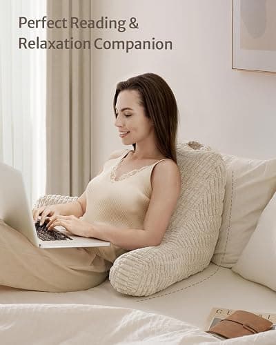 Blissful Diary Reading Pillow, Backrest Pillow with Shredded Memory Foam for Adult & Children, Designed for Bed and Couch Sitting Up, Includes Arms, Pockets and Washable Cover, Off White thumbnail 6
