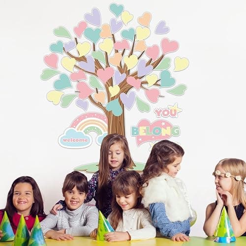 Pastel Tree Bulletin Board Classroom Decoration Spring Welcome Back to School Bulletin Board Sets You Belong Here Heart Rainbow Cutouts for Teacher School Nursery Home Classroom Chalkboard Wall Decor thumbnail 7
