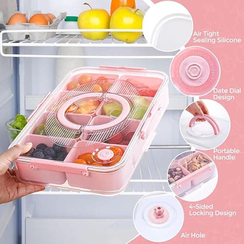 Luxear Divided Snack Box with Compartment, Divided Snack Serving Tray Reusable with Lid Handle, Food Storage Container Organiser for Snackle Box Appetizers Container,Pink thumbnail 6