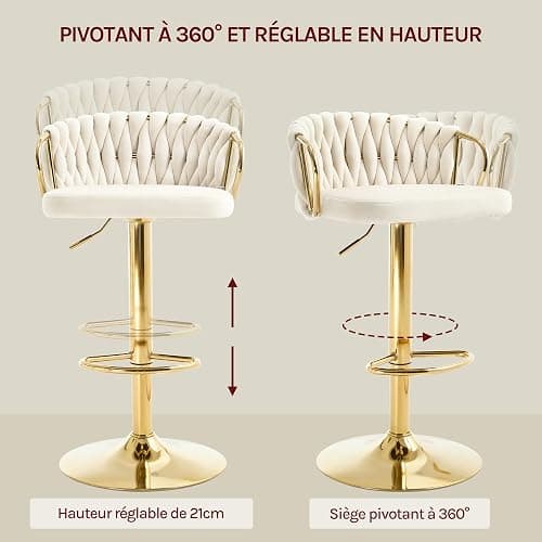 WOLTU Lot de 2 Tabouret de Bar avec Dossier Tissé et Repose-Pieds, Tabouret Pivotant à 360°, Hauteur Réglable, Base Évasée en Métal, Crème, BH426cm-2 thumbnail 6