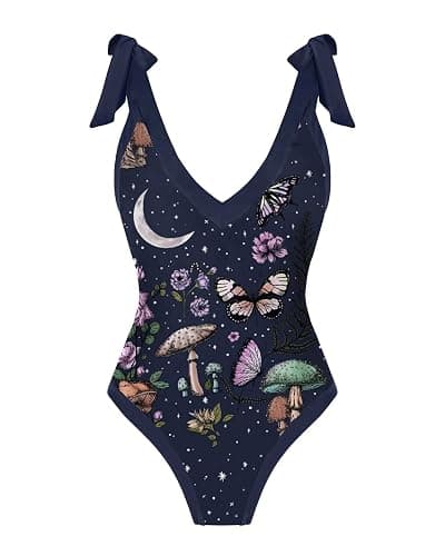 CORAMOON Death's Head Moth Print One Piece Swimsuit and Sarong Set Tie Shoulder Straps Swimwear Set thumbnail 5