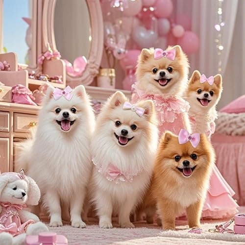 20 PCS Cute Dog Hair Bows with Rubber Bands Elastic Handmade Mix Style Lace Rhinestone Pearls for Furry Puppy Cat Pet Girl, Pink thumbnail 4