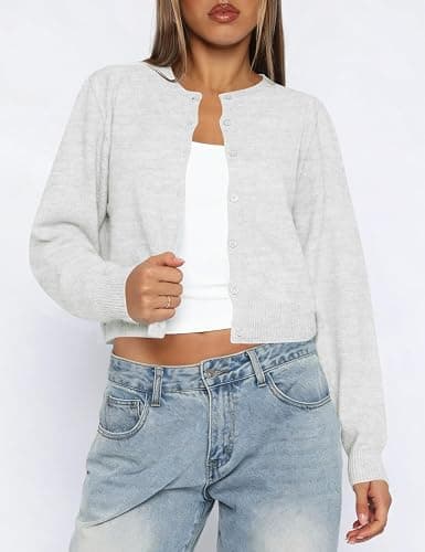 Kistore Cropped Cardigan Sweaters for Women Lightweight Knit Clothes 2026 | Fashion Clothing,Button Up Cardigan,Short Cardigans for Women,Long Sleeve Cardigan,Y2k Outfits for Women,Crew Neck Cardigan thumbnail 3