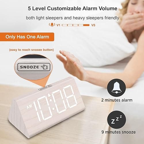 DreamSky Wooden Digital Alarm Clock for Bedroom - Living Room Desk Clock with Large Numbers, Bedside Nightstand Clock with USB Port, Adjustable Volume, Dimmer, DST, Office Wood Décor, Adapter Powered thumbnail 7