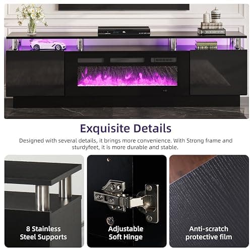 oneinmil 2 Tier TV Console Stand with 36" Electric Fireplace, LED Light Entertainment Center for TVs Up to 80" for The Living Room, 70", Black thumbnail 6