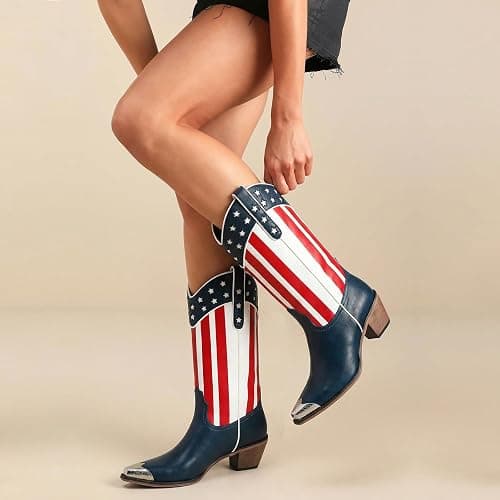 RKQ Women's Flag Mid Calf Cowboy Boots Chunky Block Heel Pull On Wide calf Metal Pointed Toe Western Cowgirl Booties classic sexy party Boots thumbnail 2