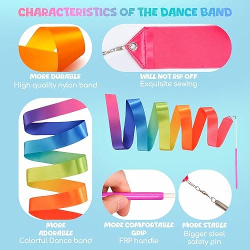 Yeavinfser Tanzband Set, 2 Stück Bunte Gymnastikbänder mit Stab, Regenbogen Farbband für Tanz, Gymnastik & Spiel, Ideal für Mädchen, Kindergeburtstage, Weihnachten, Ostern, Perfekt für Schule Zuhause thumbnail 2
