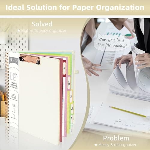 Ospelelf Leather Clipboard Folio with with Storage Zipper Pouch, Spiral Clipboard Folder with Notepad for Letter Size, 5 Folders with 10 Pockets, 39 Divider Label Stickers (Beige) thumbnail 6