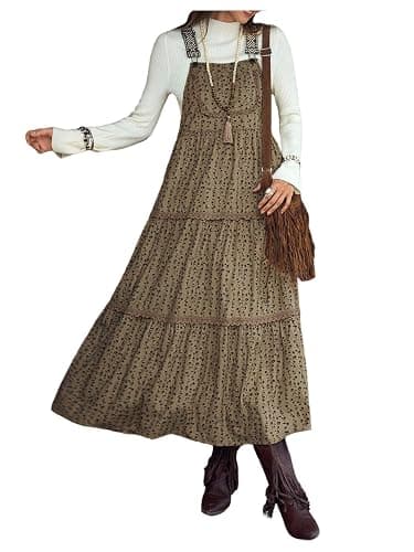 SOLY HUX Women's Floral Corduroy Overall Dress Retro Sleeveless Tiered Layer Flowy Long Pinafore Dresses - Image 1