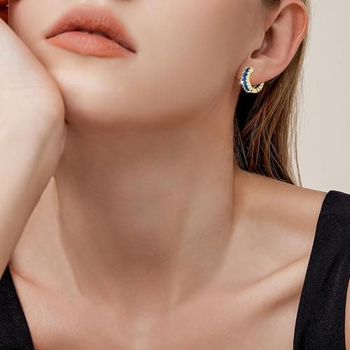 Richapex Sapphire Earrings for women, 18K Gold Plated Crystal Flower Earrings | Small Hoop Earring |Gold Earring for Women thumbnail 6