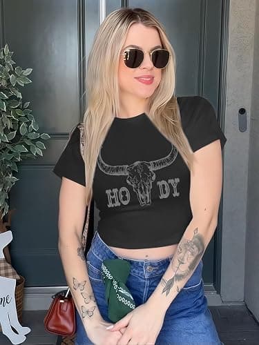 Tewmeu Cowgirl Outfits for Women Crop Tops for Teen Girl Y2k Clothes Cowboy Country Concert Graphic Tee Tops thumbnail 4