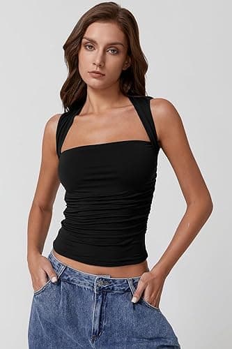 QINSEN Womens Square Neck Tank Tops Side Ruched Double Lined Slim Fit Summer Going Out Crop Top thumbnail 6