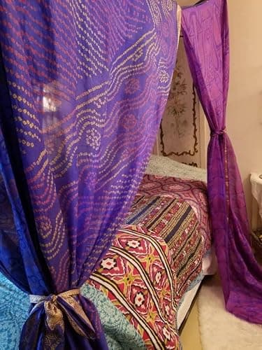 Bed Canopy Curtains Boho Curtains Bohemian Blue Decor India Silk Sari Saree Made to Order Queen Purple Over Bed Tent (Twin(39''x78''x78'')) Multi thumbnail 5