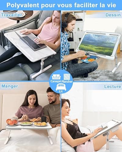 Potuopy Table de lit à Hauteur réglable, Pliable pour Ordinateur Portable, pour Travailler, Lire et Manger sur Le Sol du canapé (Marbre, 60 * 40cm) thumbnail 6