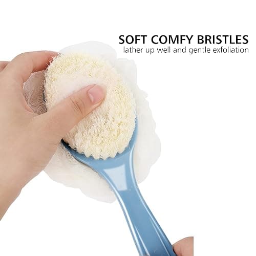 Shower Body Brush with Bristles and Loofah,Back Scrubber Bath Mesh Sponge with Curved Long Handle for Skin Exfoliating Bath, Massage Bristles Suitable for Wet or Dry, Men and Women (Blue) thumbnail 2