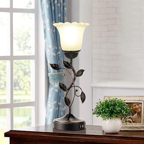 RORIANO Touch Bedside Lamp with 2 USB Charging Ports, 3-Way Dimmable Nightstand Lamps, White Glass Shade Vintage Rural Leaf Lamp for Living Room Tabletop Bedroom Side Table, LED Bulb Included thumbnail 2