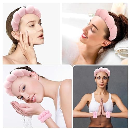 Zkptops Spa Headband for Washing Face Wristband Sponge Makeup Skincare Headband Terry Cloth Bubble Soft Get Ready Hairband for Women Girl Puffy Padded Headwear Non Slip Thick Hair Accessory(Pink) thumbnail 4